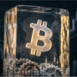 Graphique du Cours bitcoin montrant la résistance des 78 419 dollars et un cube de glace symbolisant la stagnation du marché