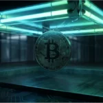 Pièce de monnaie Bitcoin sous une structure lumineuse illustrant le cours Bitcoin face à une résistance technique.