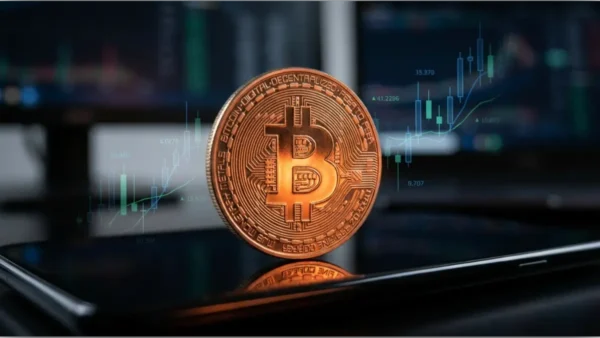Pièce de Bitcoin sur un smartphone devant des graphiques boursiers illustrant le cours Bitcoin