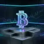 Illustration 3D du logo Bitcoin sur une plateforme technologique représentant le cours Bitcoin