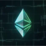 Logo de la crypto Ethereum en 3D sur fond numérique sombre pour l'analyse du cours ETH
