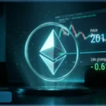 Logo Ethereum (ETH) en hologramme devant un graphique de cours de crypto-monnaie indiquant un prix de 2011 dollars et une tendance baissière.