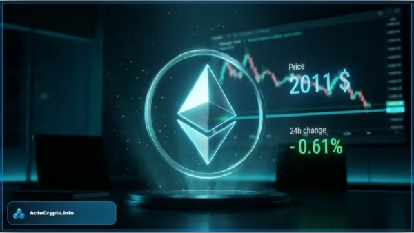 Logo Ethereum (ETH) en hologramme devant un graphique de cours de crypto-monnaie indiquant un prix de 2011 dollars et une tendance baissière.