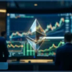 Trader devant des écrans affichant la progression du cours de l'Ethereum
