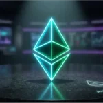 Logo Ethereum néon sur un bureau de trading avec écrans de graphiques en arrière-plan