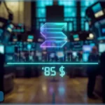 Logo Solana bleu et prix de 85 dollars affiché dans une salle de trading