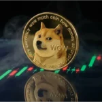 Pièce dorée Dogecoin sur un graphique boursier illustrant la neutralité des memecoins