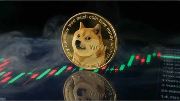 Pièce dorée Dogecoin sur un graphique boursier illustrant la neutralité des memecoins