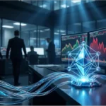 Illustration d'un cristal bleu représentant la blockchain Ethereum dans un centre de données haute technologie
