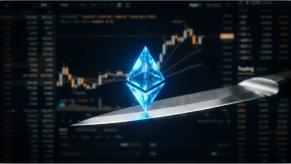 Logo Ethereum bleu brillant en équilibre sur le fil d'un couteau avec graphique boursier en arrière-plan