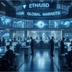 Graphiques de trading Ethereum ETH/USD sur écrans géants dans une salle de marché