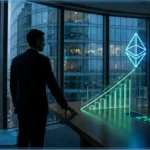 Un homme d'affaires observe un graphique haussier avec le logo Ethereum et le prix de 2142 dollars dans un bureau moderne