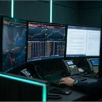 Graphiques financiers du marché crypto affichés sur plusieurs moniteurs dans une salle de trading professionnelle