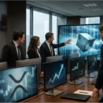 Traders dans un bureau moderne analysant les graphiques du cours XRP et les données des ETF XRP