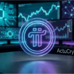 Logo Pi Network en néon bleu devant des écrans affichant des courbes de prix et des analyses techniques