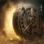 Coffre-fort massif ouvert sur de l'or illustrant la valeur du Bitcoin et la sécurité macroéconomique