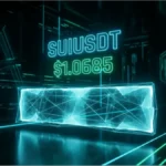 Graphique stylisé affichant le prix de la crypto Sui à 1,0685 dollar sur fond technologique
