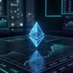 Logo Ethereum en 3D brillant au-dessus d'un graphique de trading numérique dans une salle de marché futuriste