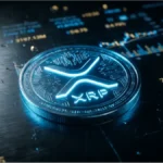 Pièce XRP lumineuse sur fond de graphiques boursiers numériques