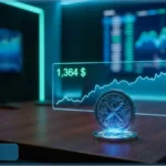 Pièce XRP lumineuse avec un graphique de trading holographique affichant 1,364 dollars