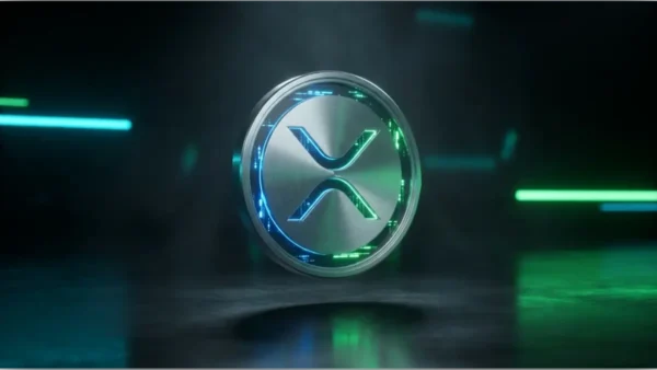 Pièce de cryptomonnaie XRP en métal avec effets lumineux bleus et verts sur fond sombre