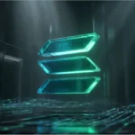 Représentation 3D du logo Solana dans un environnement de trading crypto haute technologie
