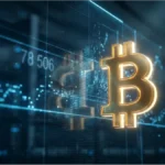 Analyste pointant un graphique de trading Bitcoin sur un écran avec une pièce BTC et le chiffre 78 506 sur le bureau