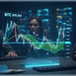 Deux analystes inquiets observent un graphique holographique montrant le cours du Bitcoin (BTC) chutant vers le support clé de 75 724 $, illustrant la tension sur le marché crypto.