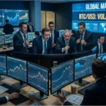Traders professionnels analysant le graphique du cours Bitcoin sur plusieurs écrans dans une salle de marché