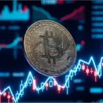 Pièce de monnaie Bitcoin devant un graphique de trading illustrant le cours Bitcoin