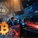 Un trader analysant le graphique du Cours Bitcoin sur plusieurs écrans dans un bureau sombre.