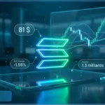 Illustration futuriste du logo Solana (SOL) avec des données de marché : prix à 81$, baisse de 1.59%, et un graphique d'analyse technique en arrière-plan.