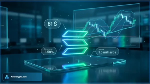 Illustration futuriste du logo Solana (SOL) avec des données de marché : prix à 81$, baisse de 1.59%, et un graphique d'analyse technique en arrière-plan.