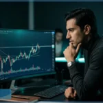 Un analyste financier observe attentivement un graphique en chandeliers japonais affichant le cours de la cryptomonnaie Solana (SOL) qui stagne sous une résistance.