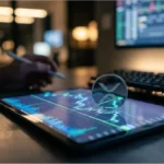 Un trader analyse le graphique du cours XRP sur un écran d'ordinateur dans un bureau moderne