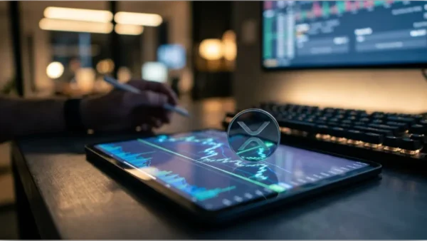 Un trader analyse le graphique du cours XRP sur un écran d'ordinateur dans un bureau moderne