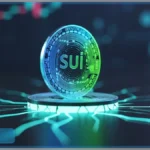 Une pièce physique de la crypto Sui (SUI) devant un graphique de marché financier, symbolisant l'analyse technique et la pression sur le support critique du SUI.