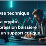 Un analyste technique étudie le graphique de la crypto Sui (SUI) sur son ordinateur, illustrant la pression baissière et le test d'un support critique.
