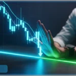 Un graphique holographique montre la chute du cours de la crypto Sui. Un analyste place sa main près d'une ligne de support horizontale, symbolisant un niveau technique clé.