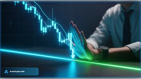 Un graphique holographique montre la chute du cours de la crypto Sui. Un analyste place sa main près d'une ligne de support horizontale, symbolisant un niveau technique clé.