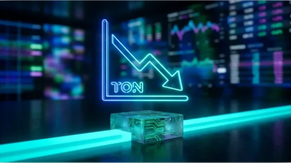 Graphique néon de la crypto TON montrant une tendance baissière sur fond d'écrans de trading
