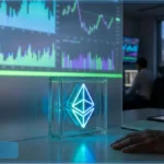 Logo Ethereum lumineux devant des graphiques financiers illustrant l'analyse technique de la cryptomonnaie