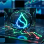 Logo lumineux du Sui dans une sphère en verre sur un graphique boursier avec des flèches rouges descendantes illustrant la pression baissière