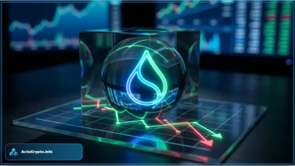 Logo lumineux du Sui dans une sphère en verre sur un graphique boursier avec des flèches rouges descendantes illustrant la pression baissière