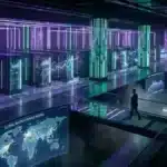Centre de données futuriste avec graphiques financiers représentant le réseau Solana et la crypto SOL