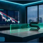 Logo Solana en 3D devant des graphiques boursiers en baisse illustrant l'analyse technique du prix bloqué sous la résistance