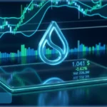 Logo 3D lumineux de la cryptomonnaie Sui devant des graphiques de trading affichant le prix de 1,041 $
