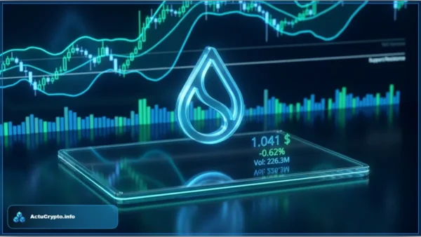 Logo 3D lumineux de la cryptomonnaie Sui devant des graphiques de trading affichant le prix de 1,041 $