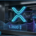 Logo XRP néon bleu avec graphique boursier et prix affiché à 1,3600 dollars