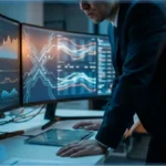 Trader professionnel analysant les graphiques de la crypto de Ripple XRP sur des écrans haute résolution